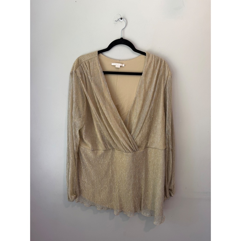 Cooper & Ella Womens 2X Gold Metallic Pleated Wrap V-Neck Blouse Long Sleeve
